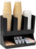 Mind Reader Condiment Station, 13 Inch Countertop Coffee Bar Organizer with 6 Compartments, Storage Caddy for Cups, Lids and Packets, Plastic, Black