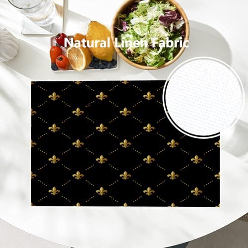 Batmerry Gold Black French Placemats, Flowers Golden Fleur De Lis Black Gold from Art Washable Linen Table Mats for Kitchen Table Double Insulation Decor Dining Set Indoor Outdoor 12X18 in Set of 6