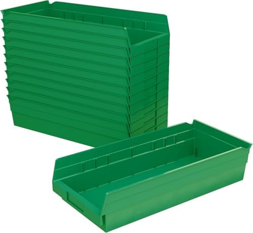 Akro-Mils 30158 Heavy Duty Plastic Shelf Bins, 18"x 8"x 4", Green, 12-Pack