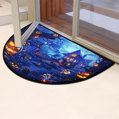 Halloween Pumpkin Moon Half Round Door Mat Non Slip Washable Halloween Semi Circle Area Rug Absorbent Soft Half Moon Rug Floor Mat for Kitchen Indoor Outdoor Bathroom Patio Front Door Mat Decor