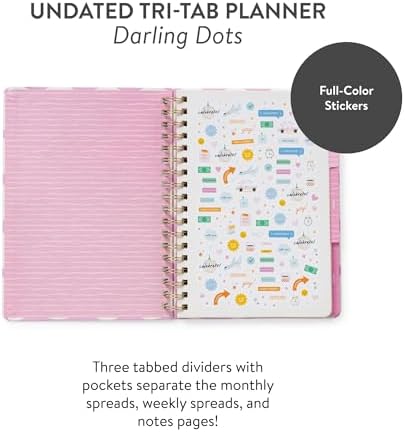 Orange Circle Studio Undated Tri-Tab Planner, Darling Dots Weekly & Monthly Planner Journal, 7 x 9.6 Spiral Notebook with Stickers, Pockets, Elastic Closure and Lined Notes for Everyday Use