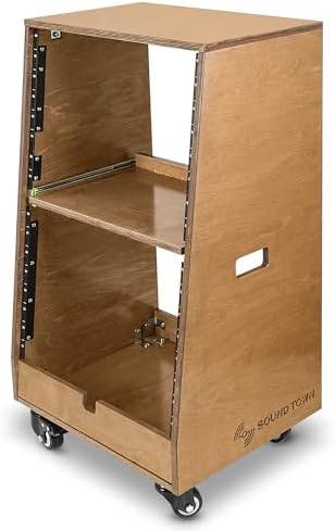 Sound Town DIY Slanted 16U Studio Rack (8U Top + 8U Lower), with 2U Bottom Storage, Slide-Out Tray, Caster, Plywood, Weathered Brown for Recording Room, Home Studio (SDRK-ST16TB)
