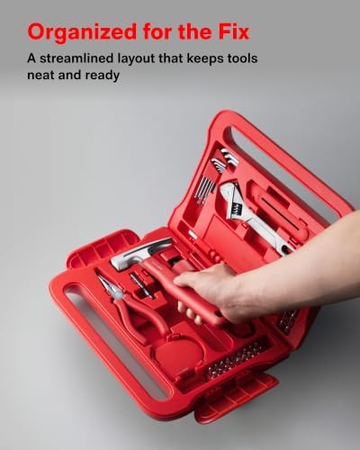 HOTO 40-Piece Tool Kit, Household Essentials Tool Set w/Smart Electric Screwdriver (LED, 3 Torque) + 14 Tools & 26 Accessories | Pro-Grade Compact Organizer for Home, Dorm Repairs, DIY (Neon Red)