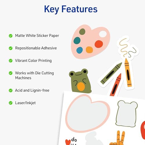 Avery Printable Sticker Paper, 8.5" x 11", Matte White, Repositionable Adhesive, Laser/Inkjet Compatible, 90 Full-Size Label Sheets, Great for Product Labels, Cute Stickers, and More (6-Pack of 3383)