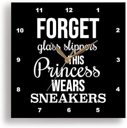 3dRose Wall Clock Silent - 10 inch - Forget Glass Slippers This Princess Wears Sneakers. White on Black. - Stamp City - Typography