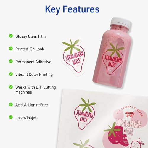 Avery Printable Sticker Paper, 8.5" x 11", Glossy Clear, Permanent Adhesive, Laser/Inkjet Compatible, 7 Full-Size Label Sheets, Great for Product Branding, Cute Stickers, Custom Signs, and More (4397)