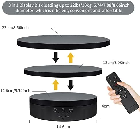 Remote Motorized Rotating Display Stand Turntable Motorized Lazy Susan with 5.74/7.08/8.66 inch Replacement Cover for Photography Products and Shows (Black)