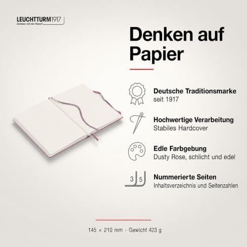 LEUCHTTURM1917 - Notebook Hardcover Medium A5-251 Numbered Pages for Writing and Journaling - Thinking Ahead (Plain Paper, Dusty Rose)