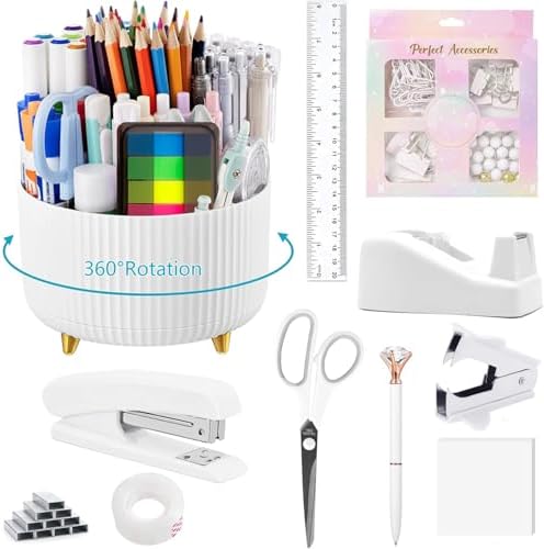 Office Supplies,School Supplies,White Desk Accessories,Desk Organizer,Scissors,Stapler,Tape Dispenser,Binder Clips,Staples,Staple Remover,Sticky Notes,Clear Tape,Pen,Ruler,Best Gift,11pcs
