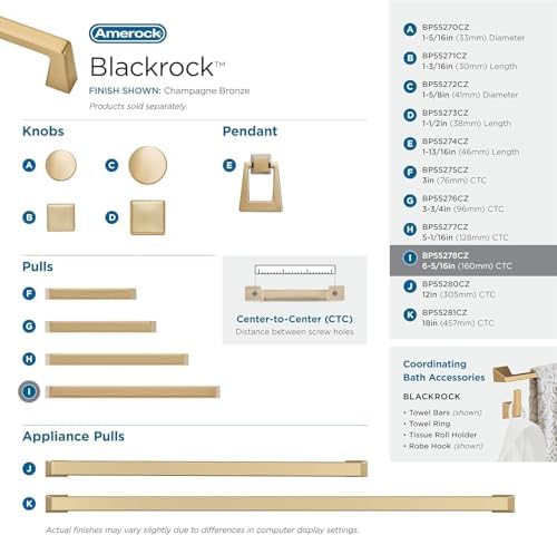 Amerock | Cabinet Pull | Champagne Bronze | 6-5/16 inch (160 mm) Center to Center | Blackrock | 1 Pack | Drawer Pull | Drawer Handle | Cabinet Hardware | 6-5/16 inch (160mm) Center-to-Center Mounting Distance and 7-1/4 inches Overall Length, Durable Zi...