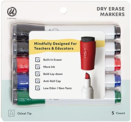 U Brands Dry Erase Markers with Eraser, Chisel Tip, Assorted, 5 Count
