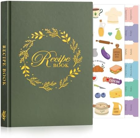 Lanpn A5 Blank Recipe Book Cookbook to Write in Your Own Recipes, Leather Cover Waterproof Empty Cooking Journal for 70 Recipes, Recipe Notebook with Stickers to Organize Your Family Recipes, Green