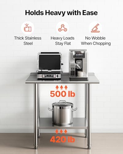 VEVOR Stainless Steel Work Table, 24x36 Inch Food Prep Table with Backsplash, Commercial Kitchen Workstation with Adjustable Undershelf, Metal Heavy Duty Utility Worktable, for Restaurant Home Outdoor