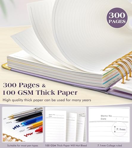 Spiral Notebook Journal with Removable Dividers Tabs, 300 Pages Hardcover Leather 5 Subject College Ruled Notebook, 8.5"x11" Large A4 Lined Journal for Women, Spiral Notebooks for Work School, Purple