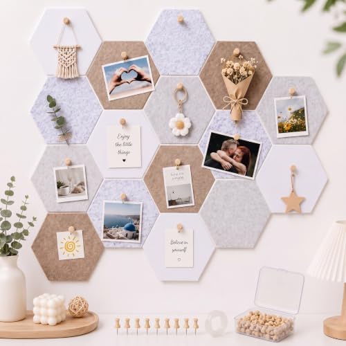6.7 x 5.9 in 16 Pcs Hexagon Cork Board Tiles, Felt Pin Boards, Camel
