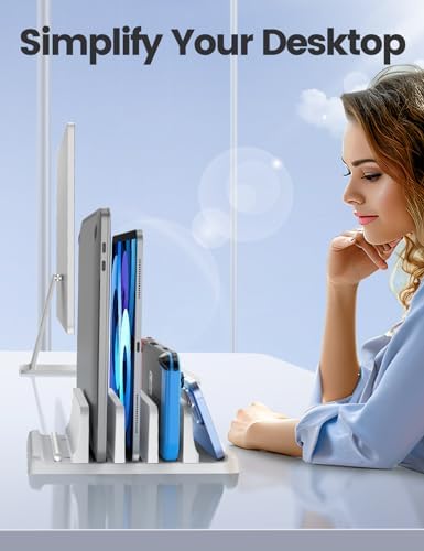 Vaydeer 3-Slot Vertical Laptop Stand Made of Premium ABS Plastics 5 in 1 Design Space-Saving Adjustable Desk Organizer for All MacBook/Chromebook/Surface (White)