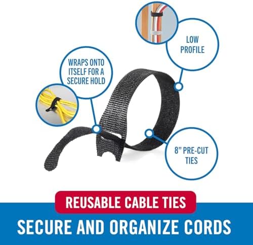 VELCRO Brand Complete Desk Cable Management Kit | 8in Mountable Cable Sleeve 2pk + 150pk Reusable Cable Ties + Desk & Nightstand Cord Organizer | Black, Damage-Free Mounting
