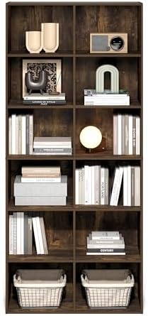 Furinno Basic Book Shelf, 12-Cube Bookshelf, Bookcase with Open Shelf, Cube Storage Organizer, 12 x 32 x 71, for Living Room, Home Office, Amber Pine