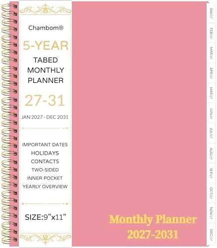 2027-2031 Monthly Planner, 5 Year Monthly Planner/Calendar 2027-2031, 60-Month Jan 2027 – Dec 2031, 9" x 11", Tabs, Double-Side Pocket, Holidays, Thick Paper - Pink