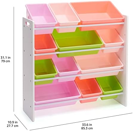 Amazon Basics Kids Toy Storage Organizer with 12 Plastic Bins, White Wood with Pink Bins, for Bedroom and Playroom, 33.85"D x 12.79"W x 35.42"H