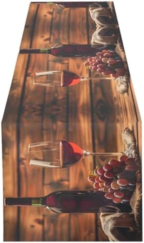ALAZA Double-Sided Red Wine Glass and Grape in Basket in Wooden Table Runner 14x108 Inches Long,Table Cloth Runner for Wedding Birthday Party Kitchen Dining Home Everyday Decor