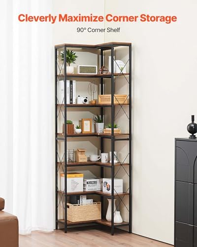 VEVOR 7 Tier Corner Bookshelf, 79" Tall Corner Bookcase with Heavy Duty Metal Frame & Wooden Shelves, Industrial Reversible L Shaped Corner Display Shelf for Bedroom, Living Room, Office