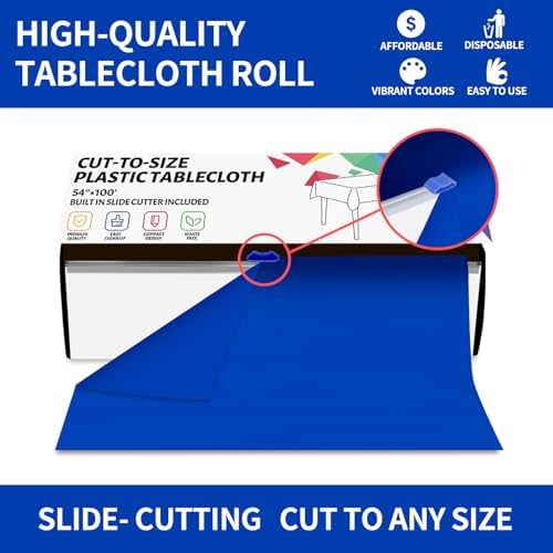 CXPSINC 54 Inch X 100 Feet Plastic Table Cover Roll Disposable Tablecloth with Slide Cutter for All Type/Shape Tables | Party, Banquet, Birthdays, Weddings(Blue, 100 Feet)