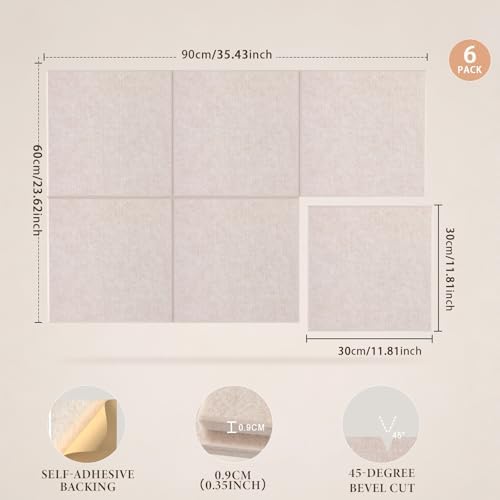 JBER Felt Bulletin Board 36" x 24", 6 Pack Felt Wall Tiles, Light Camel