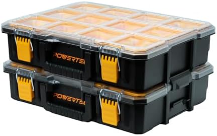 POWERTEC Small Parts Organizer & Tool Box – 10 Compartments, IP65 Water & Dust Protection, Stackable Storage with Interlocking Latch, Removable Tray, Clear Lid, Portable Design, 2-Pack (72365-P2)