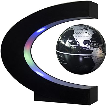 Estefanlo Floating Globe with LED Lights C Shape Magnetic Levitation Floating Globe World Map for Desk Decoration (Black-Silver)