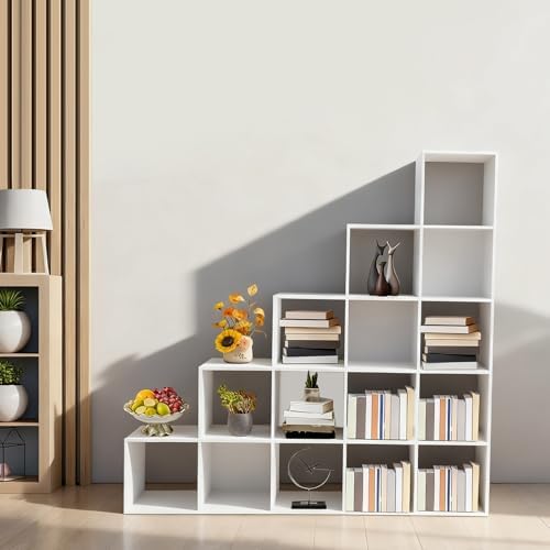5-Tier Stepped Bookshelf, 15 Cube Storage Organizer, Freestanding Ladder Bookcase, L-Shaped Corner Shelf, Room Divider Shelf, 57.5" Tall Modern Display Shelf for Home Office Living Room