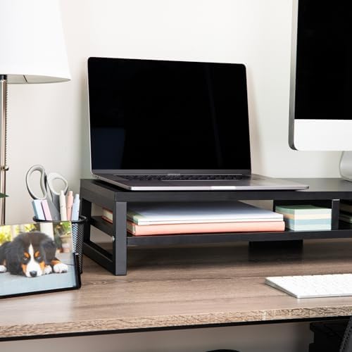 Mind Reader 2-Tier MDF Double Monitor Stand, Dual Screen Riser with Storage Shelf, 33.75 Inch Wide, 88 lb Capacity, Black