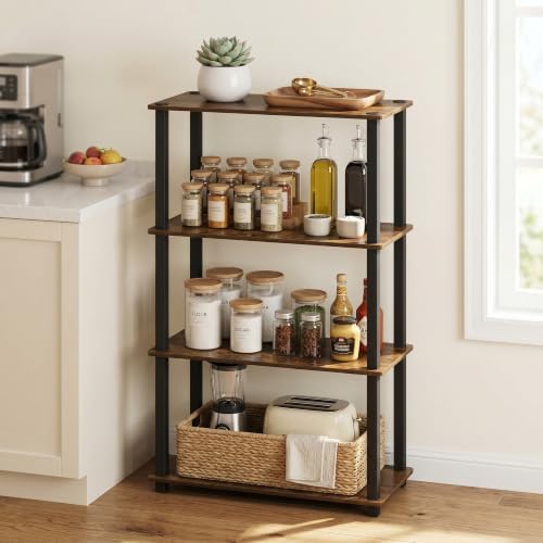 Furinno TURN-S-TUBE Storage Shelves, 4-Tier Book Shelf, Corner Shelf, Toolless Open Shelves, for Organization and Storage, Living Room, Garage, Home Office, Amber Pine