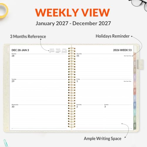 SUNEE 2027 Weekly & Monthly Planner 9"x11.2"- 12 Month (January 2027 - December 2027), Vegan Leather Cover, Pocket, Bookmark, Notes, Monthly Tab, Beige