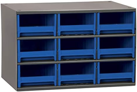 Akro-Mils Steel Garage Storage Cabinet, Small Parts Organizer Metal Cabinet for Hardware, Nails, Screws, Bolts, Nuts, and More, 17" W x 11" D x 11" H, 9-Drawer, Gray Cabinet/Blue Drawers (19909)