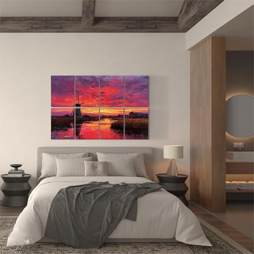 8 Pack Sunset Red Windmill Countryside Landscape Art Acoustic Panels Sound Absorbing Decorative Soundproof Wall Panels Self Adhesive for Recording Studios Office 48"x32"