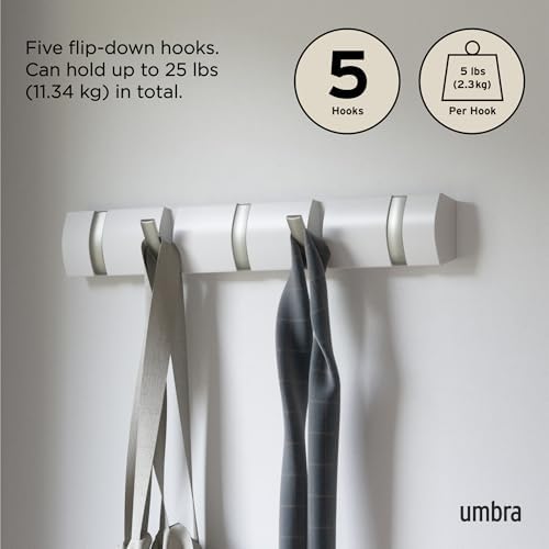 Umbra Flip Coat Rack, Wall Mounted 5-Hook Space Saving, White/Nickel