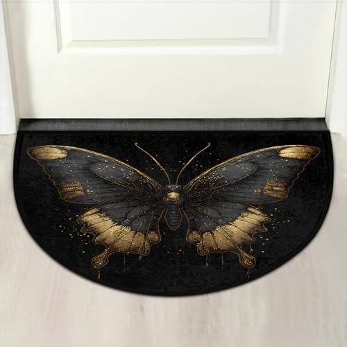 Black and Gold Butterfly Half Round Door Mat Non Slip Washable Semi Circle Area Rug Absorbent Soft Half Moon Rug Floor Mat for Indoor Outdoor Kitchen Bathroom Patio Front Door Mat Decor