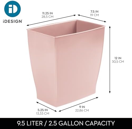 iDesign Small Plastic Bathroom Trash Can, Slim Rectangle Garbage Bin, Pink
