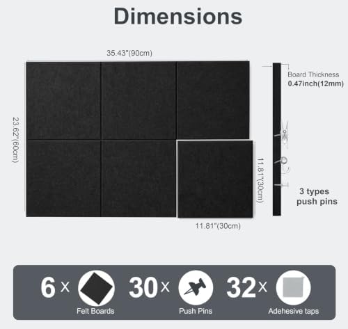 Felt Wall Tiles Bulletin Board Large Cork Board Alternative 6 Pack 11.81”x11.81”x0.47” Felt Pin Board Tack Board with Safe Removable Adhesive Tabs for Home Office School 36x24 (Black)