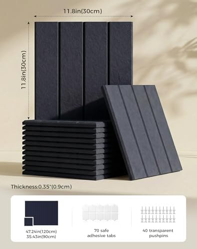 Aothia 12-Pack Felt Bulletin Board Tiles 48"x36", Modular Pin Board for Notes, Photos & Mood Boards, Cork Board Alternative for Smooth Walls, 0.35" Thick, 70 Adhesive Tabs & 40 Pins - Carbon Blue