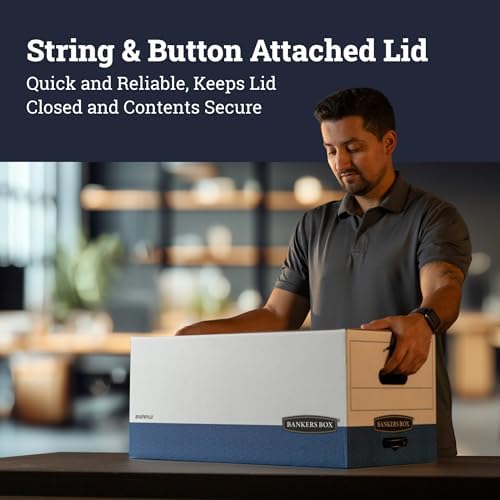 Bankers Box 12-Pack String & Button Heavy-Duty File Box, Letter, FastFold