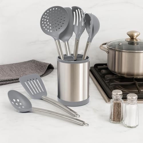Glad Kitchen Utensils Set, 8pcs - Nonstick Cooking Tools with Stainless Steel Handles & Rotating Utensil Holder - Turners, Ladle, Spoon, Tongs, Spaghetti Server, and Skimmer - Dishwasher Safe, Grey