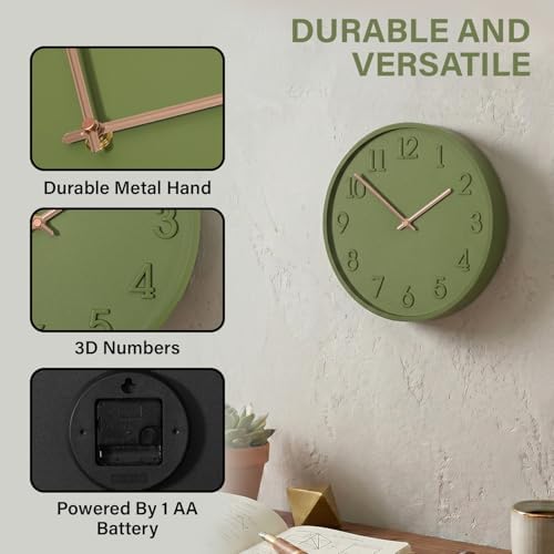 Clockswise 11" Modern Minimalist Round Wall Clock Green Arabic Numerals and Dial Analog Display Step Movement Mechanism Easy-to-Read Timepiece for Living Room Kitchen Office or Bedroom Wall Decor