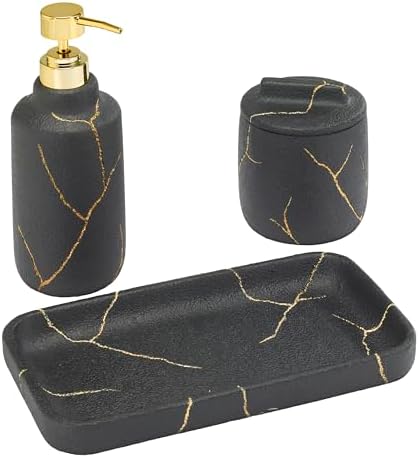 Nicole Miller - Bathroom Set, 3pc Resin Countertop Accessories, Dorm Room Essentials (Sydney Collection, Black/Gold)