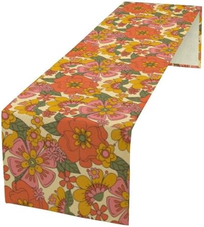 Retro 70s Floral Table Runner Hippie Daisy Flower Peace Love Birthday Party Retro Kitchen Dinning Home Decoration 13x36 Inch