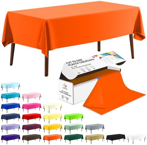 CXPSINC 54 Inch X 100 Feet Plastic Table Cover Roll Disposable Tablecloth with Slide Cutter for All Type/Shape Tables | Party, Banquet, Birthdays, Weddings(Orange, 100 Feet)