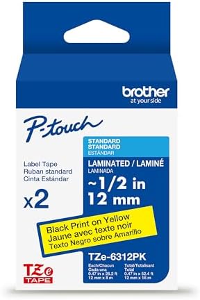 Brother Genuine P-Touch, TZe-6312PK Tape ½” (12mm) 2-Pack Laminated P-Touch Tape, Black On Yellow Perfect for Indoor Or Outdoor Use, Water Resistant, 26.2 Ft. (8M)