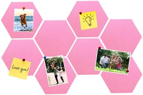 8 Pcs Hexagon Felt Cork Bulletin Board Tiles, Self Adhesive DIY Bulletin Board Pin Board for Office School Home Wall Decor Memos Photos Display(Bright Pink)