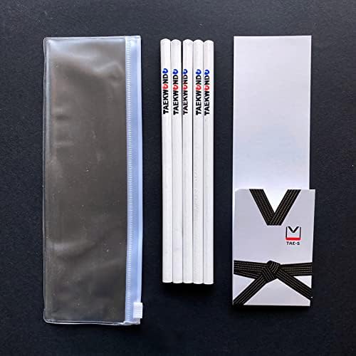 TAE-S Taekwondo Pencils HB Wood Pencils with White Clear PVC Pencil Case - Perfect for Drawing, Sketching, Writing, Art - Gift Idea for Martial Arts Students 1 Pack of 5 Pencils